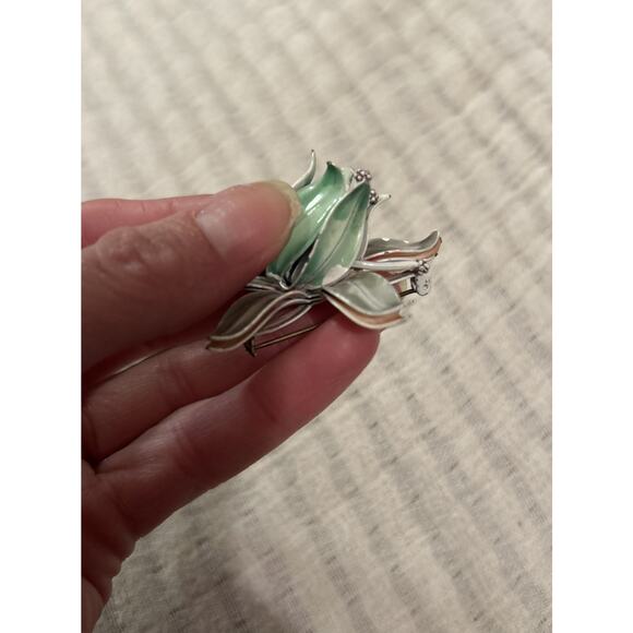 Vintage Enamel Pin Flower Turquoise Gray Pink - Picture 4 of 7